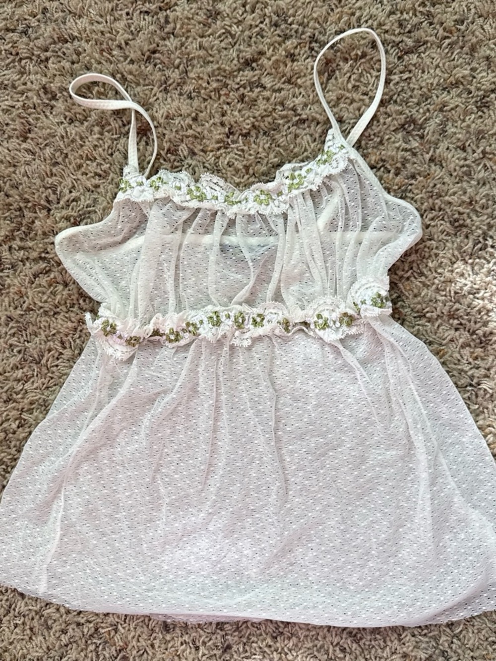 Sheer White Sleeveless Babydoll Top with Green Trim